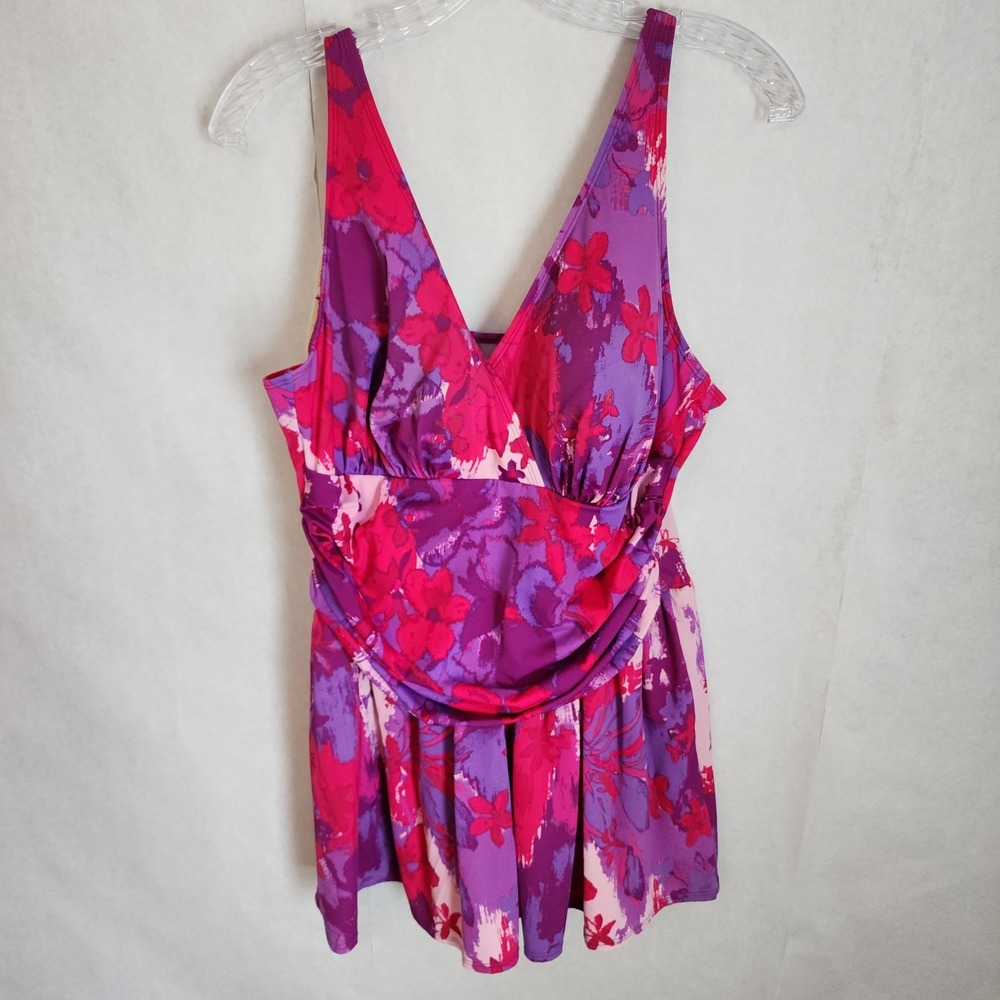 D&Co Beach Womens Plus Size Ruched Waist Swim‎ Dress 18W Pink Red Purple Floral